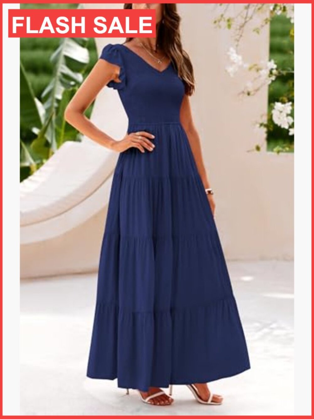 Women's Smocked Flowy Maxi Dress V-Neck Cap Sleeve A-Line Summer - Picture 6 of 7